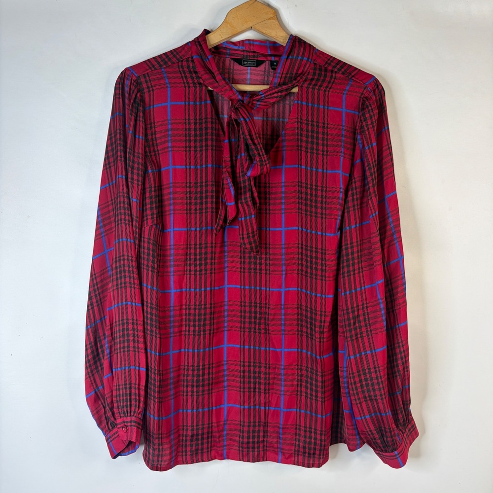 G by Giuliana Blouse Women 1X Red Plaid Tie Neck Long Sleeve Black Label Top